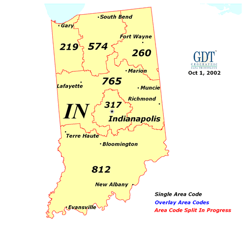 Indiana has 6 area codes. They are 219, 260, 317, 574, 765, 812.