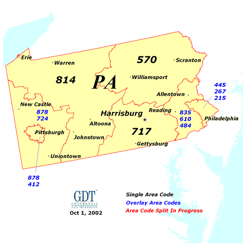 Pennsylvania has 12 area codes. They are 215, 267, 412, 445, 484, 570, 610, 