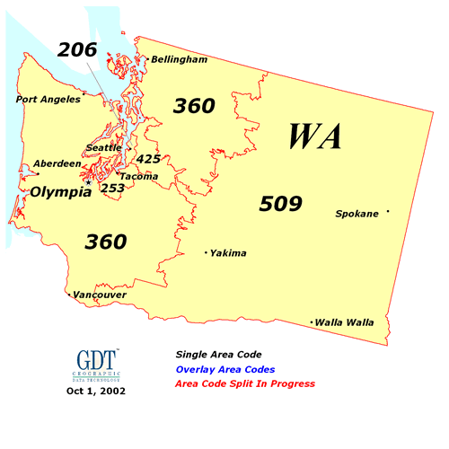 Washington has 5 area codes. They are 206, 253, 360, 425, and 509.